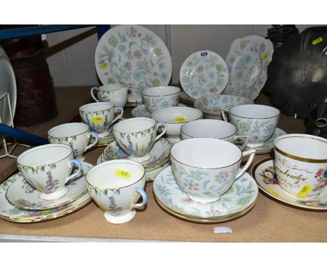 MINTON 'VANESSA' TEA WARES comprising three cups and saucers, two spare saucers, two bowls, four side plates, sandwich plate 