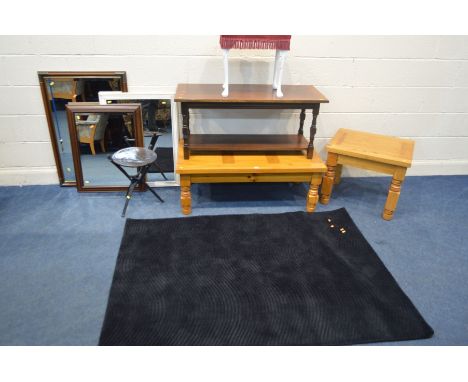 A LIGHT HARDWOOD COFFEE TABLE AND A MATCHING OCCASIONAL TABLE, along with an oak coffee table, three various modern wall mirr