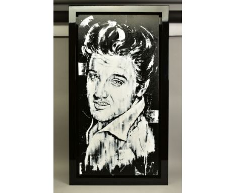 SARAH HOLMES (BRITISH CONTEMPORARY), 'THE KING', a monochrome portrait of Elvis Presley, signed bottom right, oil on canvas, 