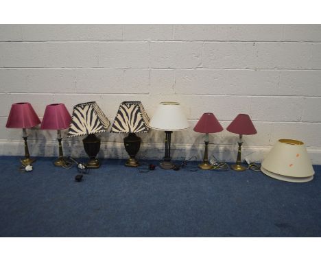 FOUR MATCHING LAURA ASHLEY TABLE LAMPS with purple fabric shades, along with another pair of table lamps, a single table lamp