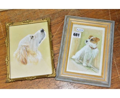 TWO UNSIGNED WATERCOLOUR STUDIES OF DOGS, a portrait of a Golden Retriever and a seated portrait of a Jack Russell, both fram