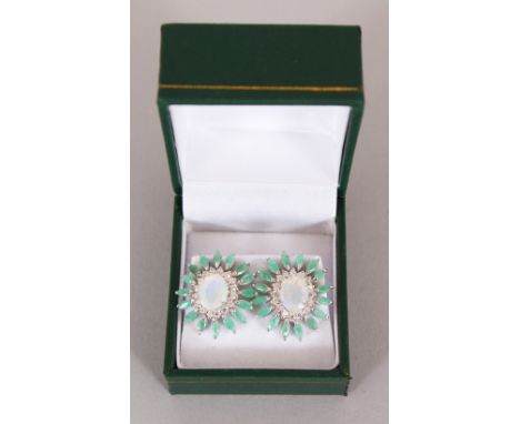 A PAIR OF SILVER, REAL OPAL AND EMERALD CLUSTER EARRINGS.