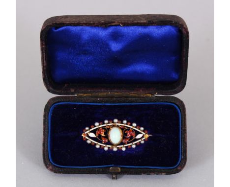 AN EDWARDIAN GOLD, OPAL AND ENAMEL BROOCH.