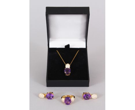 A SILVER AND GOLD PLATED AMETHYST SET RING, PENDANT AND EARRINGS.
