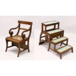A GEORGE III DESIGN MAHOGANY METAMORPHIC LIBRARY CHAIR, with overhanging cresting rail, curving