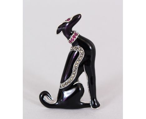 AN ART DECO DESIGN SILVER, ENAMEL AND MARCASITE GREYHOUND BROOCH.