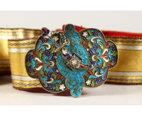 A GOOD RUSSIAN SILK AND CHAMPLEVE ENAMEL BELT.