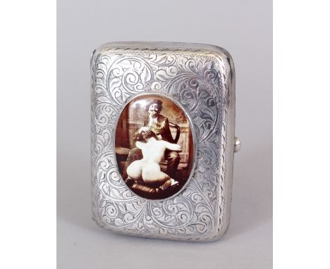 AN ENGRAVED SILVER CIGARETTE CASE, with enamel nude and artist. Birmingham 1924.