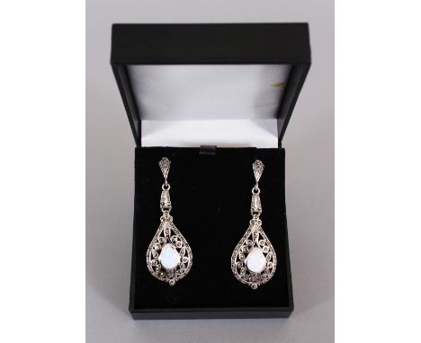 A PAIR OF SILVER AND GILSON OPAL DROP EARRINGS, in a box.