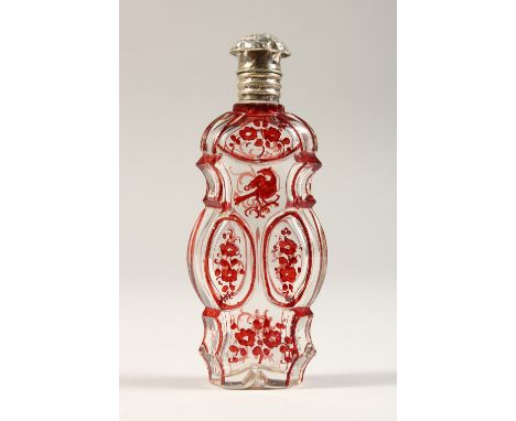 A VICTORIAN RUBY DECORATED SILVER TOP SCENT BOTTLE. 11cms long.