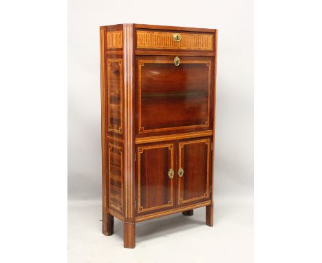 AN 18TH CENTURY DUTCH INLAID MAHOGANY ESCRITOIRE with marble top, small drawer over a fall front with fitted interior, a pair