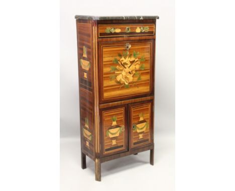 A GOOD 18TH CENTURY CONTINENTAL INLAID ESCRITOIRE with marble top, single drawer over a drop front, pair of panel doors below