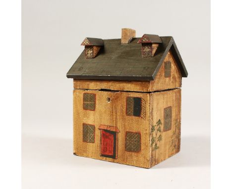 A PAINTED HOUSE TEA CADDY. 6ins.