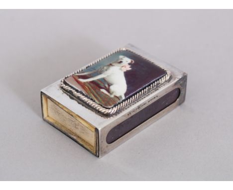 A STERLING SILVER MATCH HOLDER, with an enamel of a dog.