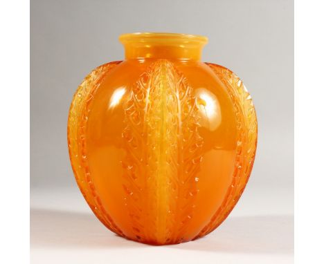 A LALIQUE VASE " CHARDONS" AMBER. Signed R. LALIQUE. No. 929. 19cms high.  Illus. page 424 R. Lalique by Felix Marcilhac.