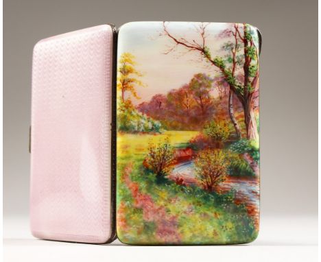 A GOOD 1920'S SILVER AND ENAMEL CIGARETTE CASE, the lid with river and landscape scene. 8.5cms x 5.5cms.  Stamped .925.  Make