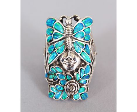 A REAL OPAL, SILVER AND ENAMEL BUTTERFLY AND HEART RING.