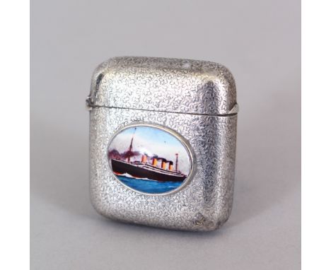 AN ENGRAVED SILVER VESTA CASE, with enamel of The Titanic. Birmingham 1891.