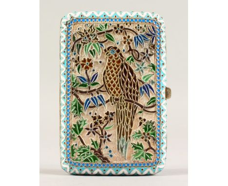 A GOOD RUSSIAN SILVER GILT AND ENAMEL CIGARETTE CASE, decorated with parakeets. 10cms x 7cms.