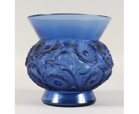 A LALIQUE VASE "SOUCIS" BLUE. Etched R. LALIQUE. No. 1039. 18cms high.  Illus. page 447 R. Lalique by Felix Marcilhac.