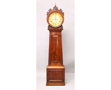 A 19TH CENTURY SCOTTISH MAHOGANY LONGCASE CLOCK, with eight-day movement, the painted and gilded circular dial with subsidiar