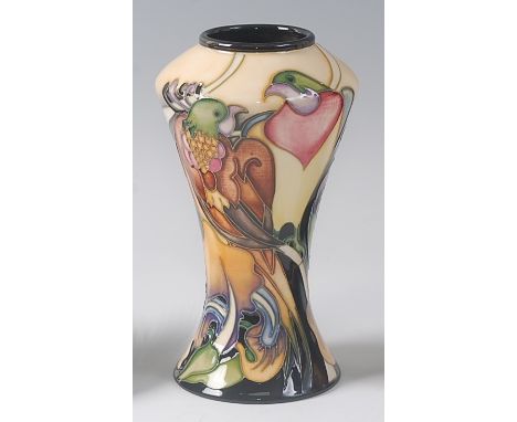 A modern Moorcroft pottery vase, decorated with birds, of angular shouldered and waisted form, impressed backstamp and dated 