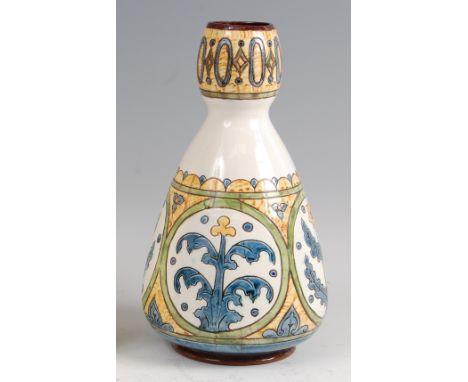 Carlo Manzoni (Italian 1855-1910) - an art pottery vase, underglaze painted in tones of blue, yellow and brown, with incised 