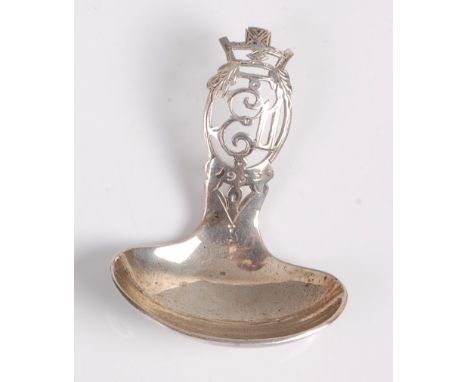 A 1950s silver Coronation commemorative caddy spoon, the pierced squat handle decorated with crown over stylised EII motif an
