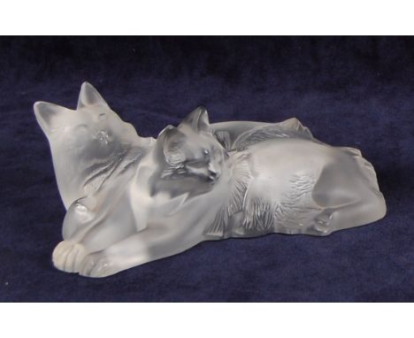 A contemporary Lalique moulded and frosted glass model of a pair of cats, each in recumbent pose, known as 'Happy & Heggy cat