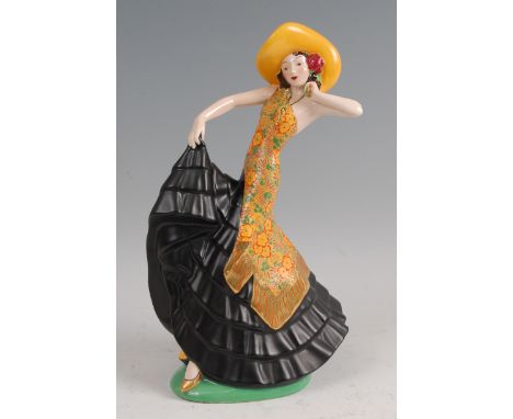 An Art Deco Crown Devon ceramic figure of 'Rio Rita', typically modelled as a standing female dancer, bright colour painted, 