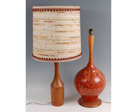 A 1970s Danish turned teak table lamp, having tapering neck, with embroidered shade, h.44cm (including fittings); together wi