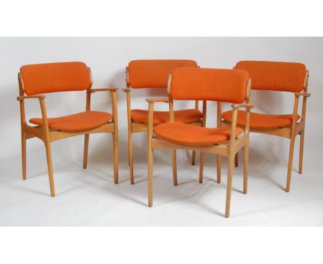 Erik Buch (1923-1982) for Ørum Møbler- a set of four 1960s light oak framed elbow chairs, each having orange fabric upholster