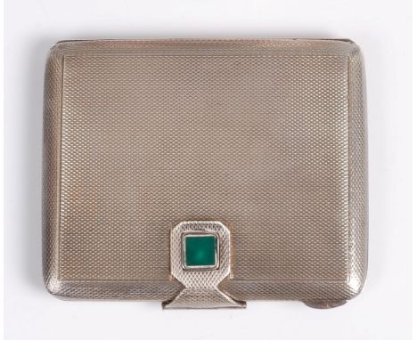 An Art Deco engine turned silver pocket cigarette case, the hinged clasp with malachite inset, enclosing gilt-washed interior