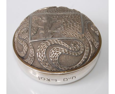 Anthony Gordon Elson - a 1970s silver circular box and cover, the raised and incised decoration to cover depicting the Jewish