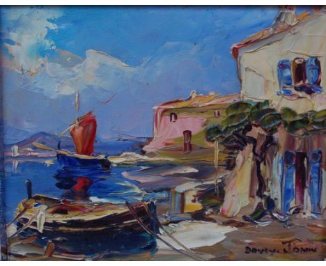 Charles Robert Doyly-John (1906-1993) - Mediterranean Coast with Boats and Buildings, palette knife oil on board, signed lowe
