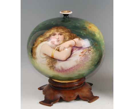 A circa 1900 ceramic vase by Royal Bonn, decorated by J. Duren, painted with bust portrait of a young woman within naturalist