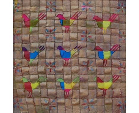 Sarah Bungey - Oh Weave me a Cloth of Gold, interwoven fabric study heightened in print with bright coloured birds, inscribed
