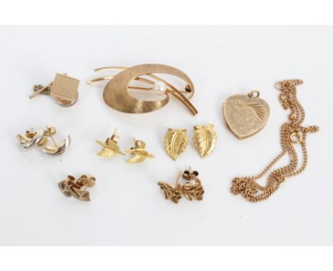 Gold (9ct) brooch mounted with a cultured pearl, gold (9ct) heart locket, chain, gold (9ct) dress stud and five pairs of gold