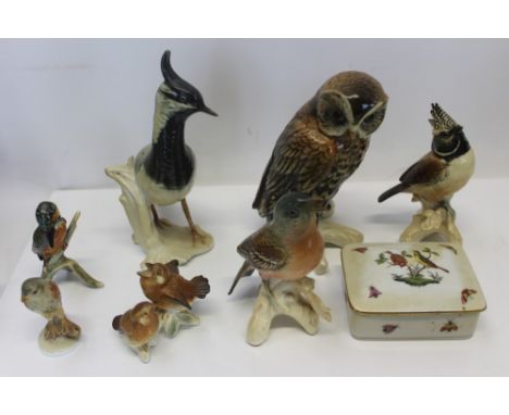 Karl Ens porcelain owl, four other Karl Ens birds, Goebel Kingfisher, Herend Kestrel and a Herend trinket box and cover with 