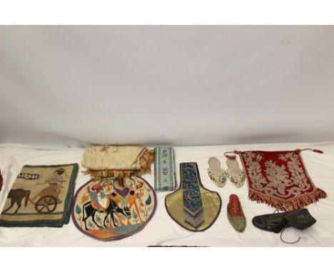 Chinese silk embroidered sash used as decoration on a handmade silk bag, a pair of Chinese silk slippers, a good length of wo