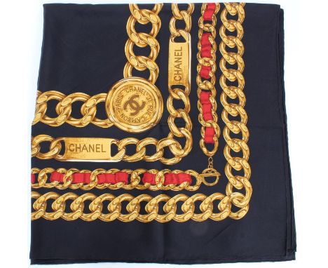 Authentic Chanel black silk scarf with gilt chain design, 86cm square approximately