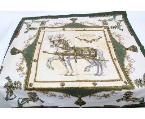 Authentic Hermes silk scarf - 'Harnais Francais' Equestrian 1956, Hugo Gryakar, green, cream and gold, in a Hermes Orange fol