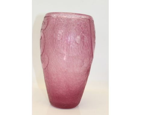 1930s French Art Deco pink studio glass vase by Degué, with etched mark to base - Made in France, 25cm high