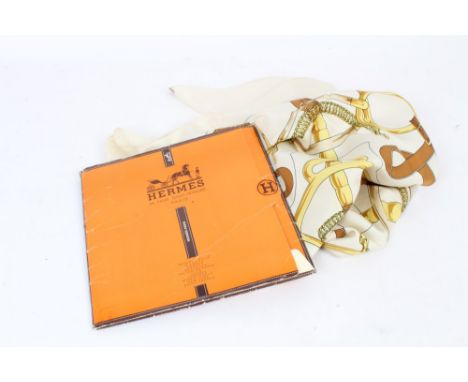 Authentic Hermes silk scarf - 'Eperon d'Or' 1974, Henri d Origny, cream, brown and gold, in a Hermes Orange folder