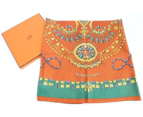 Authentic Hermes silk scarf - 'Parures des Sables' 1988, Laurence Bourthoumieux, in Hermes Orange box