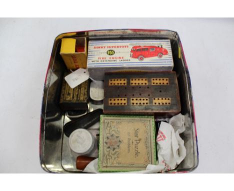 Dinky Fire Engine no. 955, boxed, Victorian cribbage box, Rowntree novelty violin case and sundries