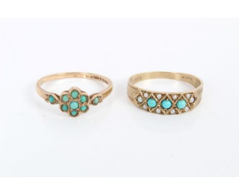 Gold (9ct) turquoise and seed pearl ring and one other gold (9ct) turquoise flower-head cluster ring - both size P CONDITION 