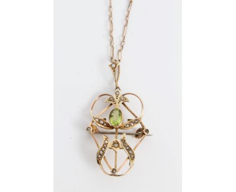 Edwardian gold (9ct) pendant and seed pearl openwork scroll pendant / brooch on chain CONDITION REPORT Pendant / brooch weigh