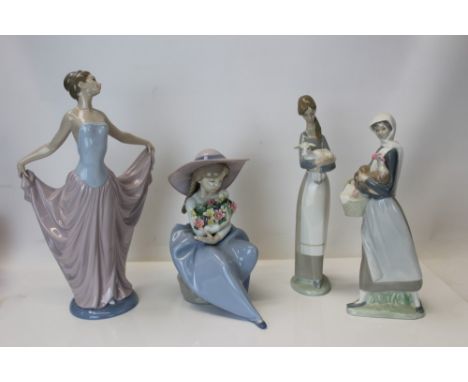 Four Lladro porcelain figures - including Fragrant Bouquet, lady in dress, lady holding a chicken and lady holding a lamb CON