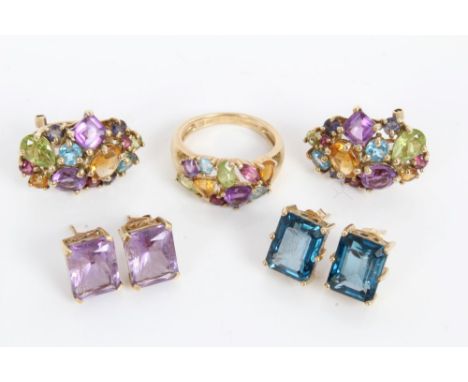 Gold (9ct) multi-gem cluster ring, size M, together with a pair of similar style gold (9ct) cluster earrings and two other pa